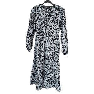 Zara Women’s Floral Blue Pinstripe Tropical Tea Length Maxi Long Sleeve Dress Sm